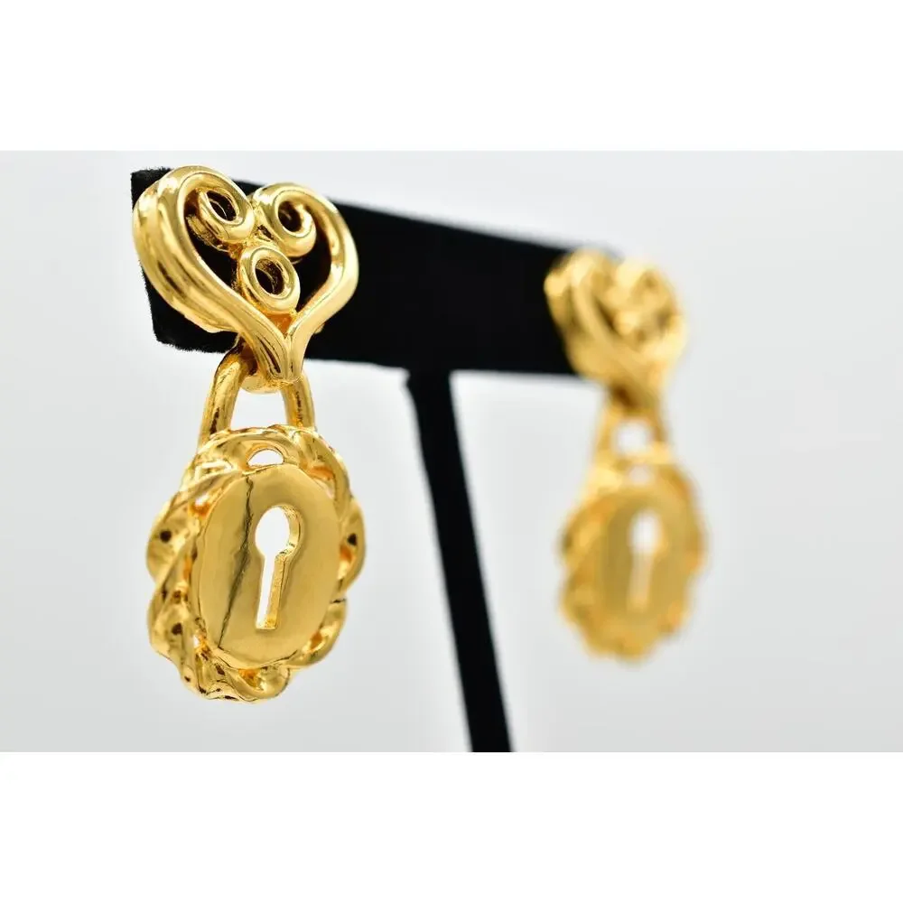 Givenchy Vintage Heart Lock Earrings Gold Tone Dangle Chunky Signed 1980s BinBK